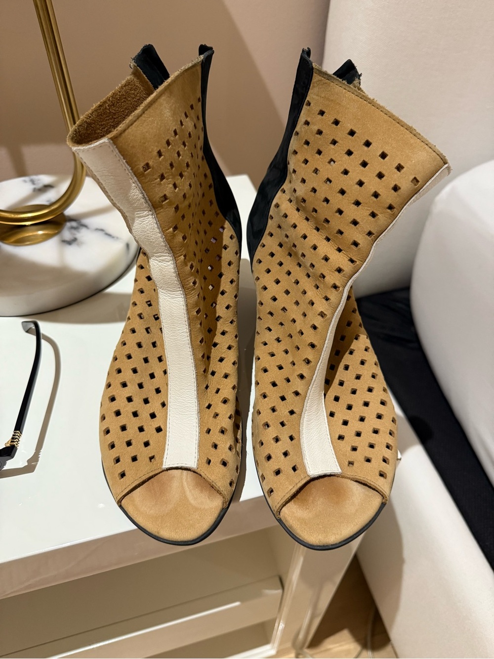 Arche Suede Perforated Peep-Toe Ankle Boots in Tan, White & Black